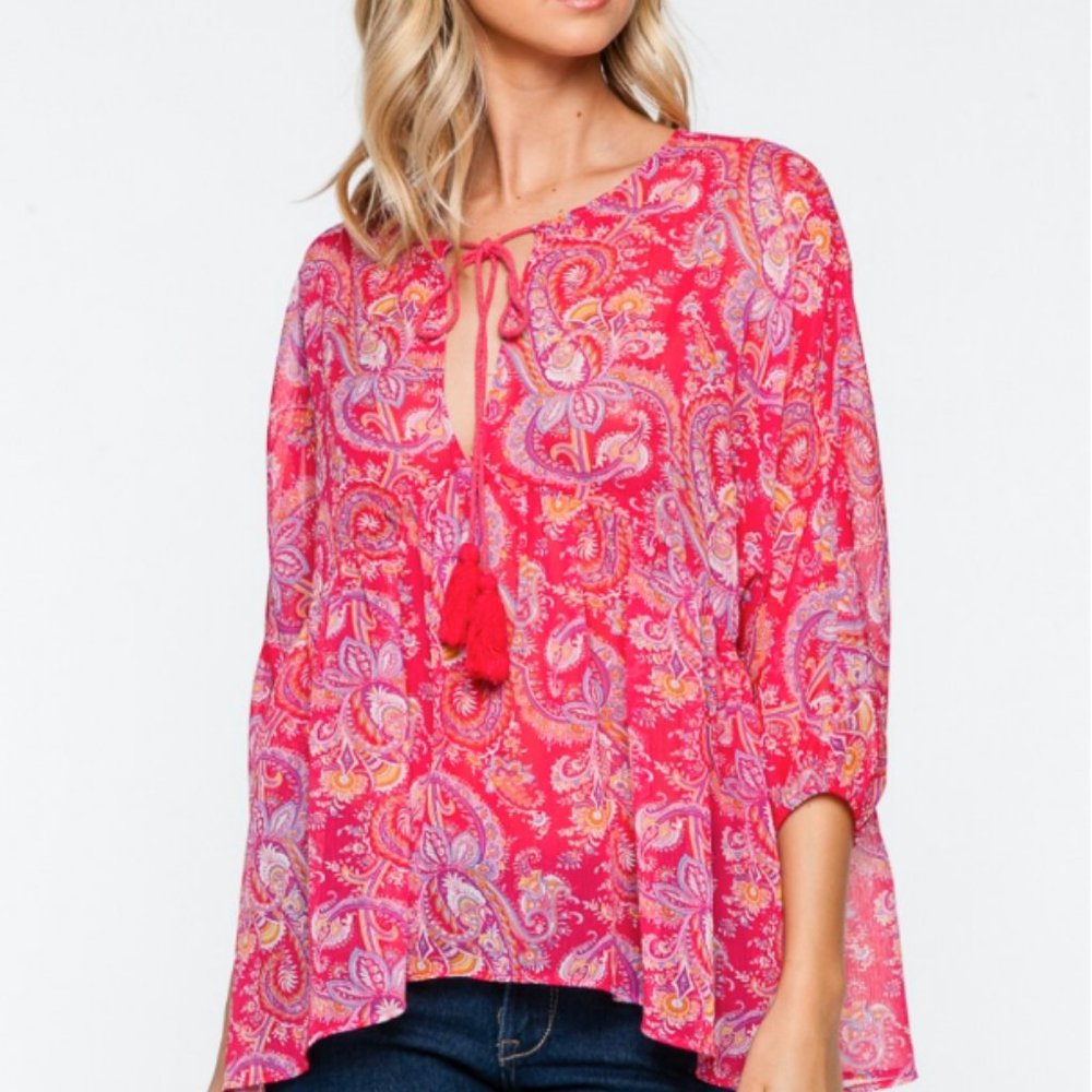 Everly Boho Paisley Print Hi-Low Chiffon Tunic